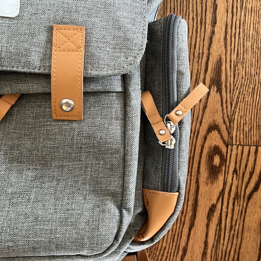 Grey and Leather diaper bag with striped lining - Picture 2 of 8